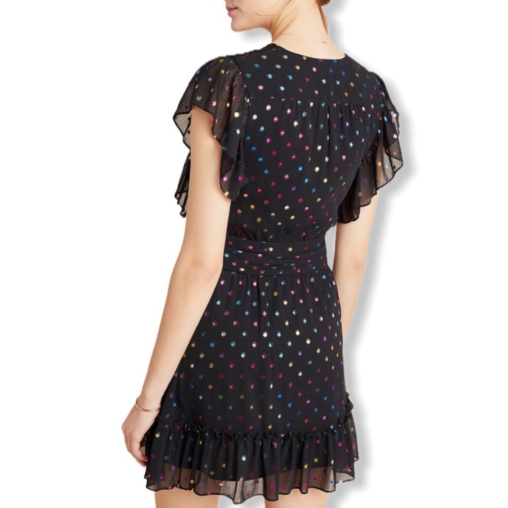 ANTHROPOLOGIE / ALI & JAY Black Ruffle Mini Metallic Polka Dot Dress - Sz S - Picture 2 of 14